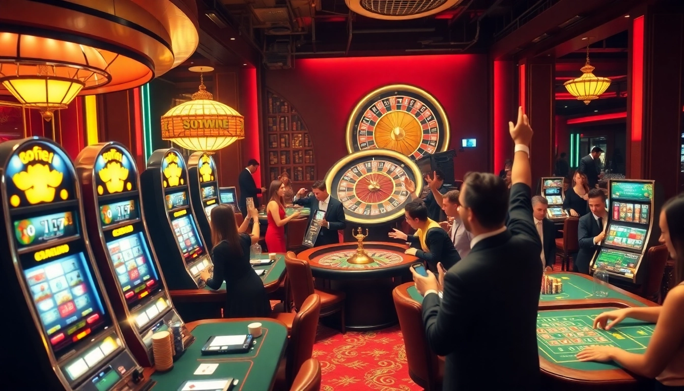 Exciting casino atmosphere showcasing Trang chu daga with players at poker tables, vibrant slot machines, and a spinning roulette wheel.