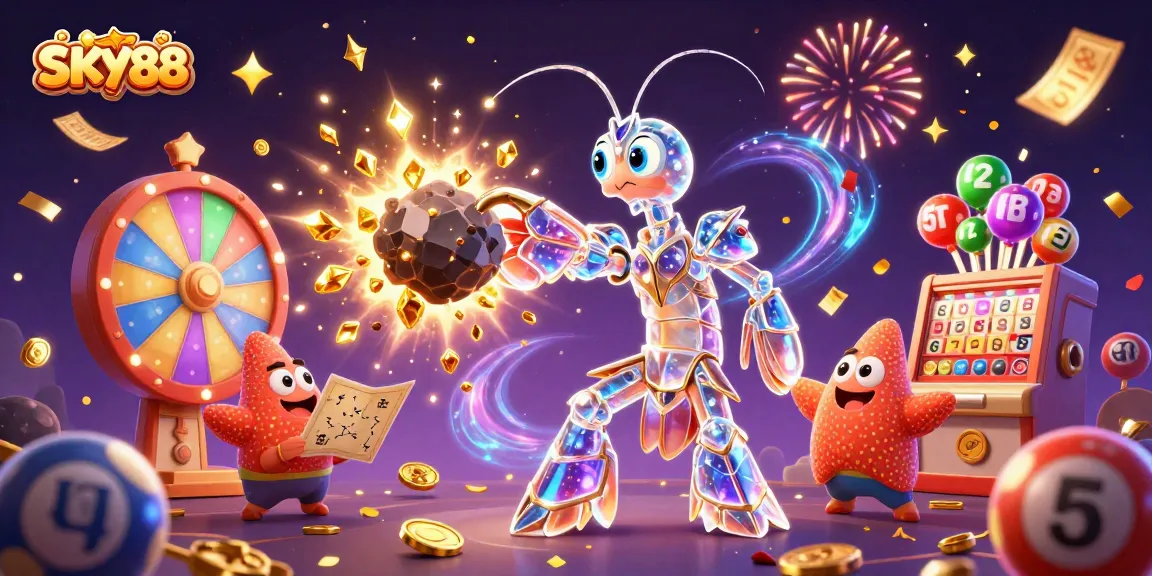 SKY88 showcases vibrant lottery excitement with 3D cartoon characters amidst colorful game elements.