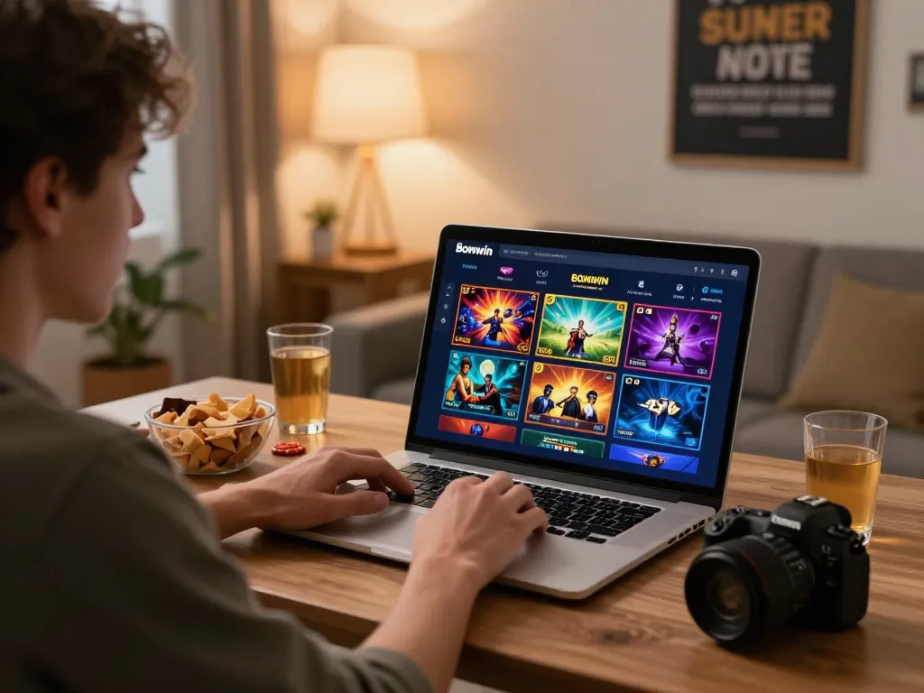 User engaging with Bomwin gaming platform in a cozy, modern setup, surrounded by vibrant digital games and snacks.