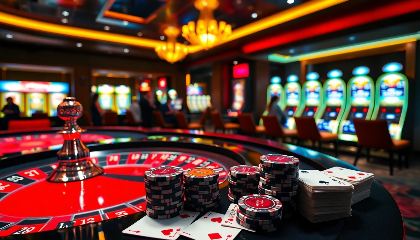 Experience the luxury gaming atmosphere of 8kbet1 with dazzling roulette and poker setups.