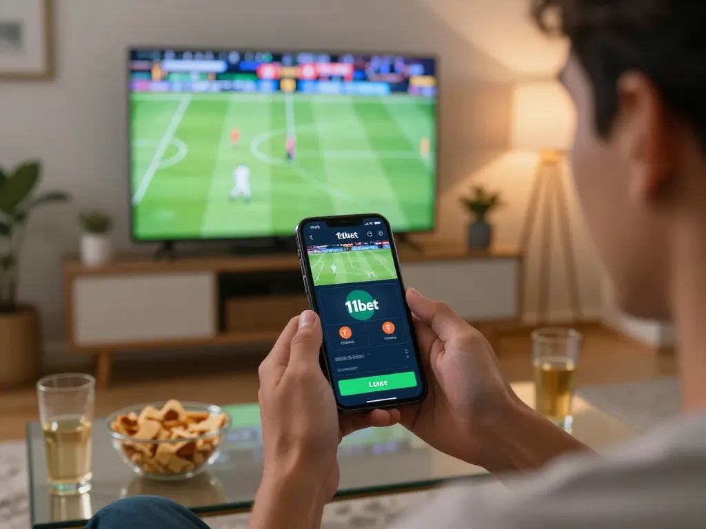 Engaged user placing live bets on 11bet mobile app during sports game
