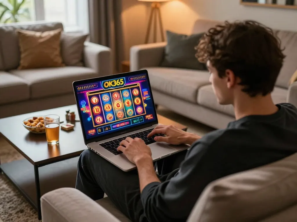 Player engaging in online gambling at OK365 with vibrant game interface displayed on laptop.