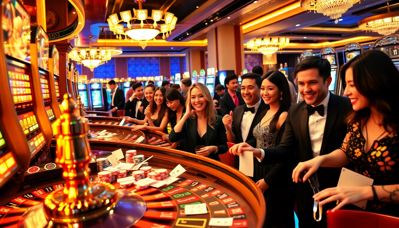 Vibrant casino scene representing nhà cái gg88 with excited players at gaming tables.