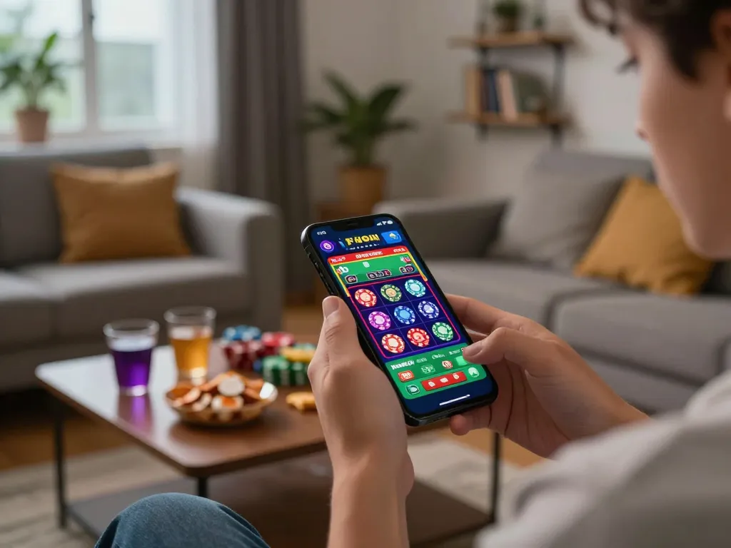 Engaging with nhà cái mb66 on a smartphone while enjoying a cozy home atmosphere.