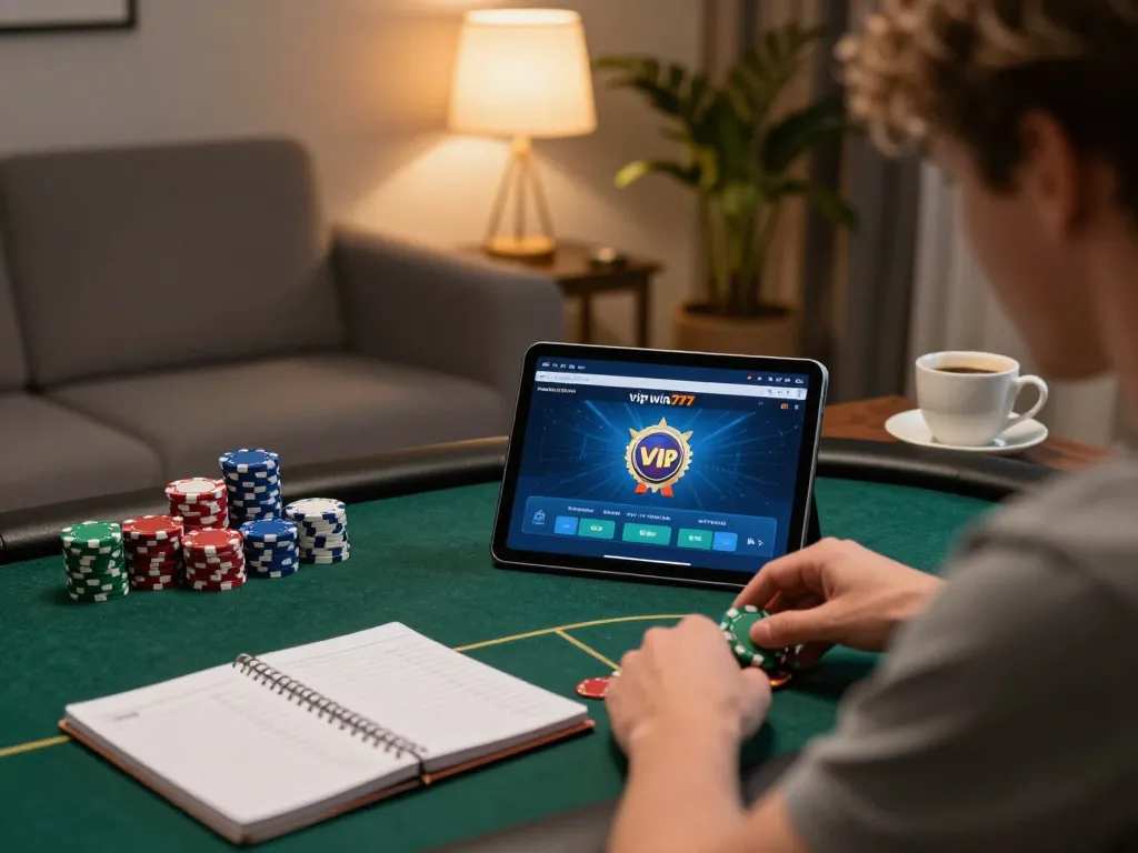 Player analyzing poker strategies on vipwin777 app in a cozy home gaming setup
