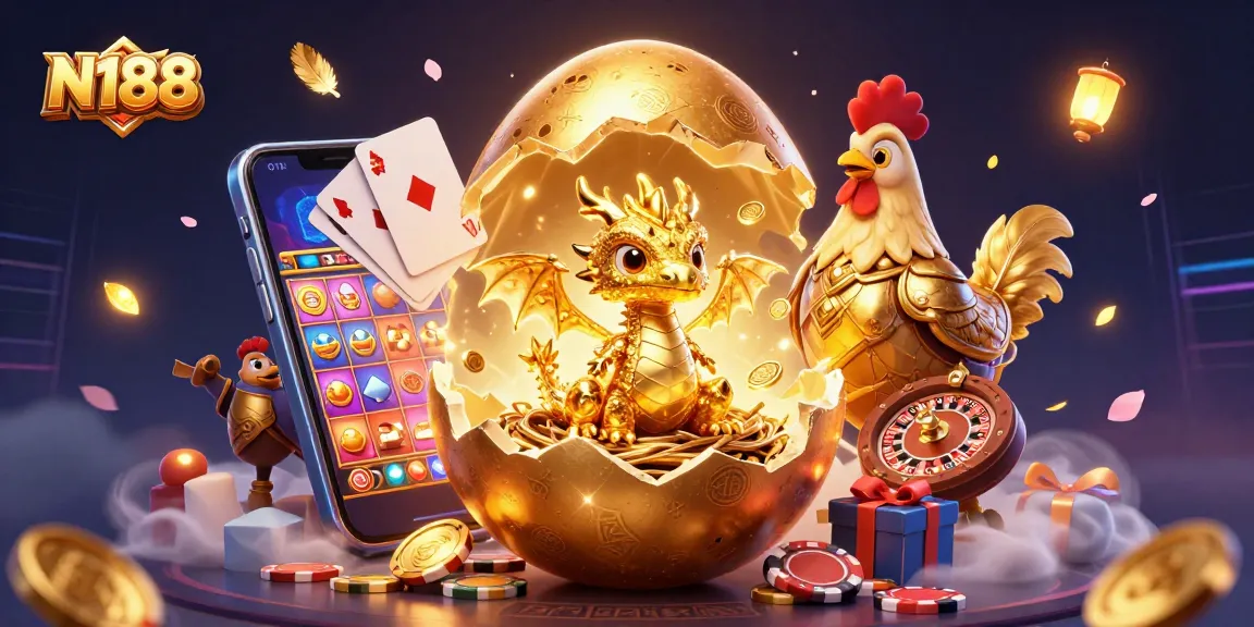N188 showcases a golden dragon emerging from an egg amidst poker chips, highlighting exciting casino elements.