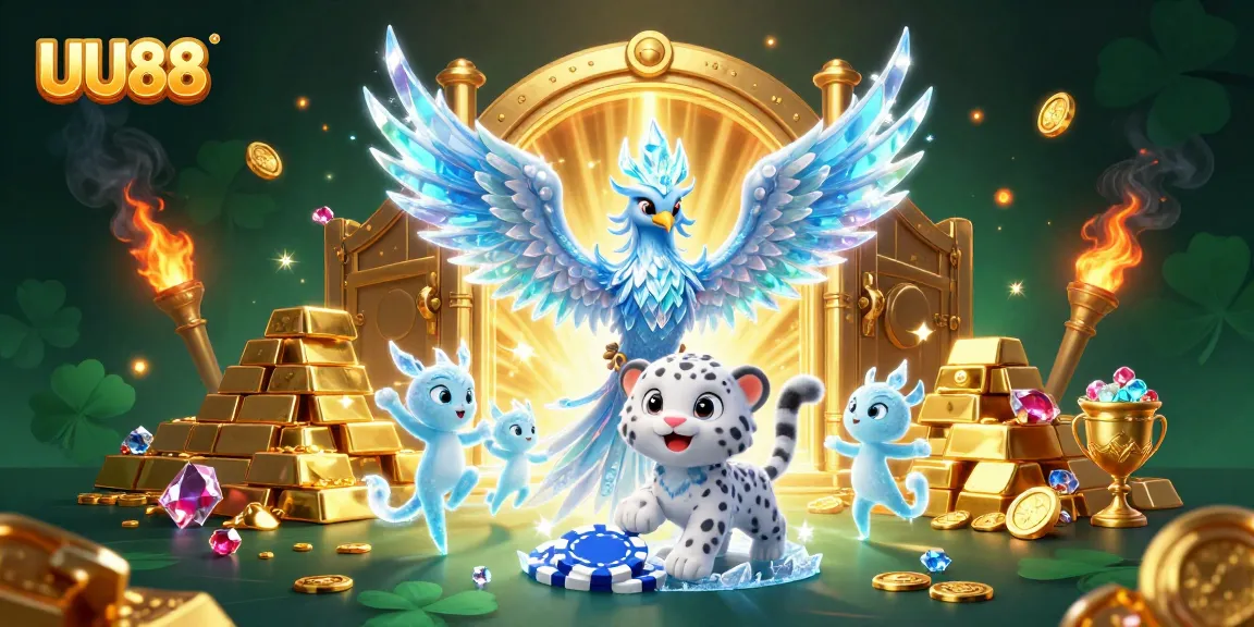 Engage with the vibrant UU88 ice phoenix and snow leopard in a captivating casino scene featuring dynamic elements and glowing treasures.