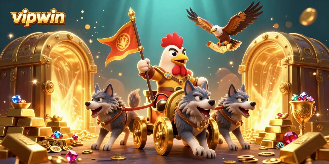 Engage with exciting gameplay at vipwin with a dynamic illustration of a roaring rooster warlord in a treasure-filled casino.