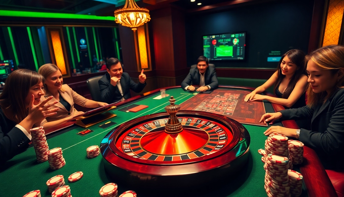 Players enjoying a thrilling game of roulette at 68VIP's luxurious online casino setting.
