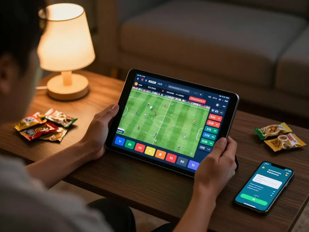 Engaging in keo nha cai 5 online betting with live odds displayed on tablet in cozy living room.