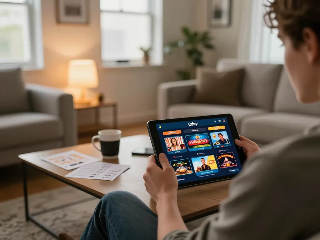 Person enjoying online gaming on the 8day app at home with cozy atmosphere