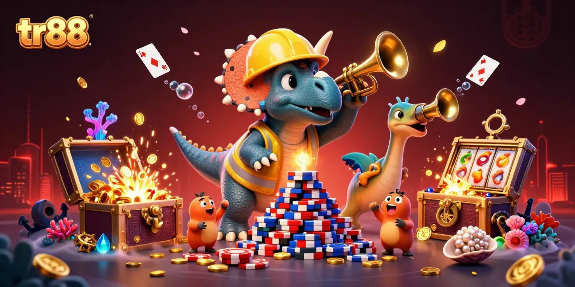 Exciting tr88 gaming scene with 3D cartoon characters celebrating alongside vibrant casino elements.