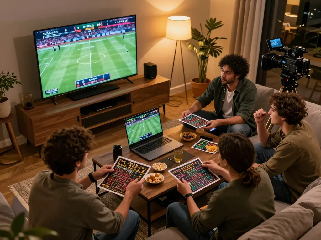 Friends enjoying sports betting excitement with keonhacai5 odds on screens, analyzing stats and placing bets.