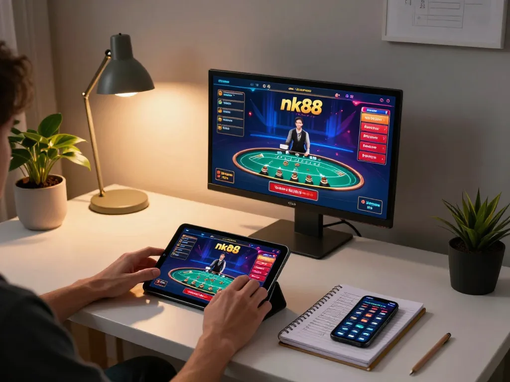 Engaging with nk88 bet online games using a tablet and strategy notes in a cozy home setting