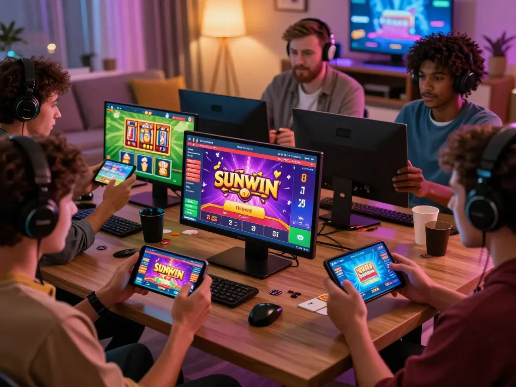 Players experiencing the excitement of tải sunwin on mobile devices in a vibrant gaming atmosphere.