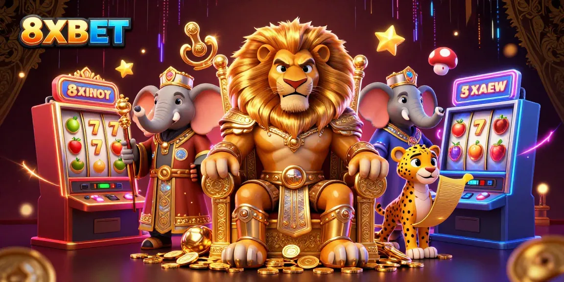 Spin to win with 8XBET in this vibrant, ultra-detailed 3D casino scene featuring lions and slot machines.