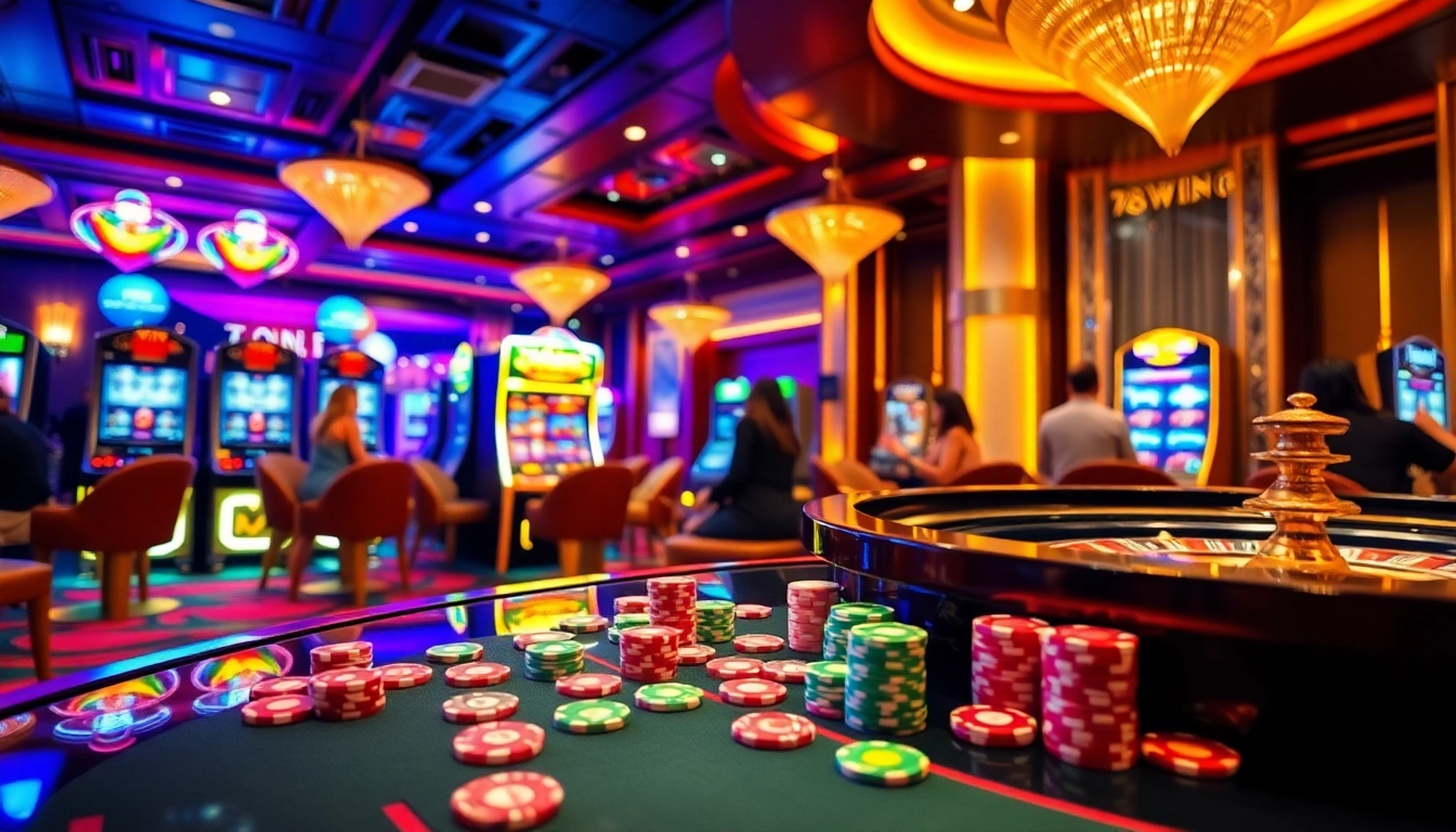 78WIN players celebrate victories at a vibrant online casino table filled with chips and excitement.
