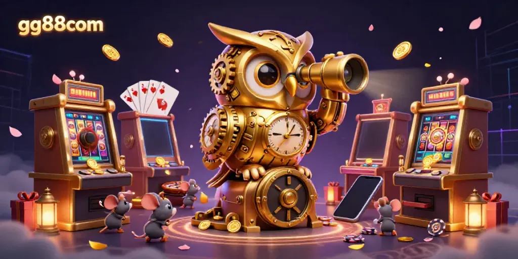 Experience thrilling gaming at gg88com with vibrant 3D casino illustration featuring an owl and dynamic slot games.