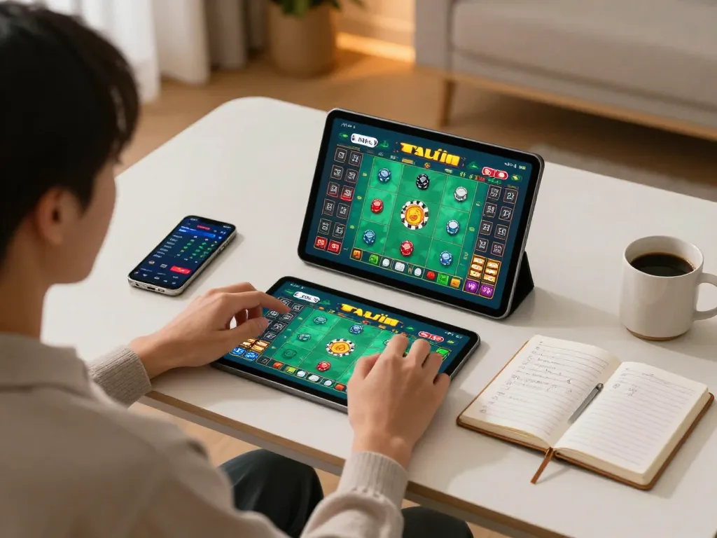 Tài Xỉu Sunwin gameplay on tablet, showcasing interactive betting options in a cozy home setting.