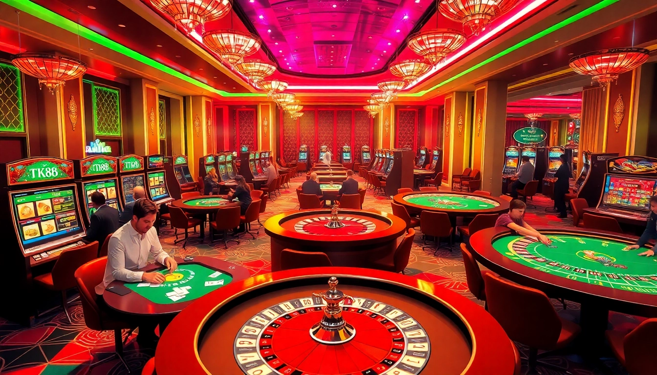 Experience the excitement at TK88 Casino, where players engage in thrilling table games and vibrant slot machines.