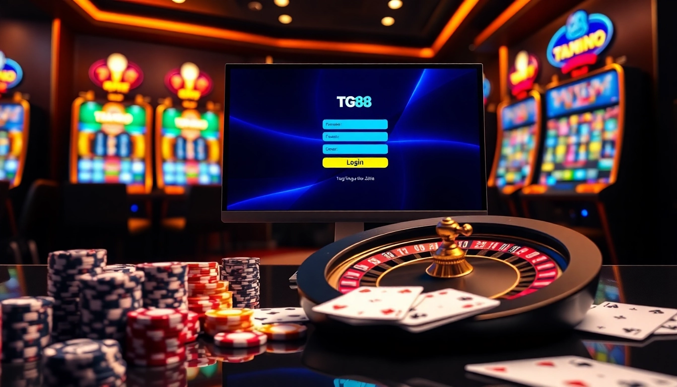 Engaging TG88 đăng nhập interface with stacked poker chips and roulette wheel showcasing professional casino gameplay setup