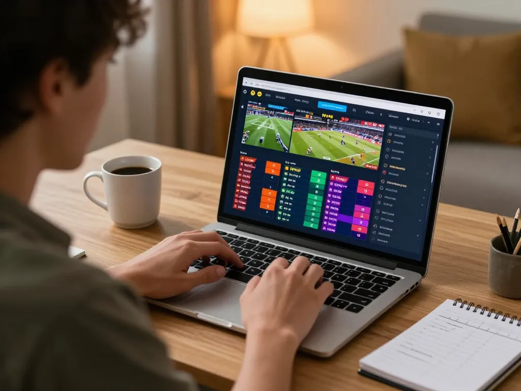 Engaging in tỷ lệ kèo trực tuyến while analyzing betting odds during an intense sports match at home
