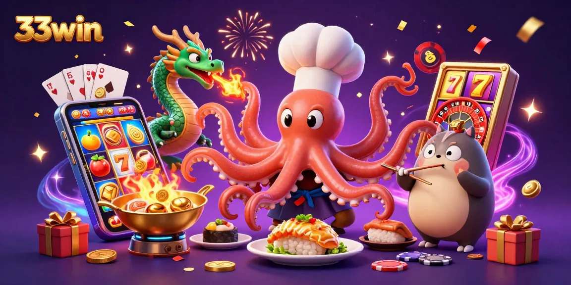 Engage with 33win’s exciting slot games as a sushi chef octopus prepares golden dishes during a vibrant casino celebration.