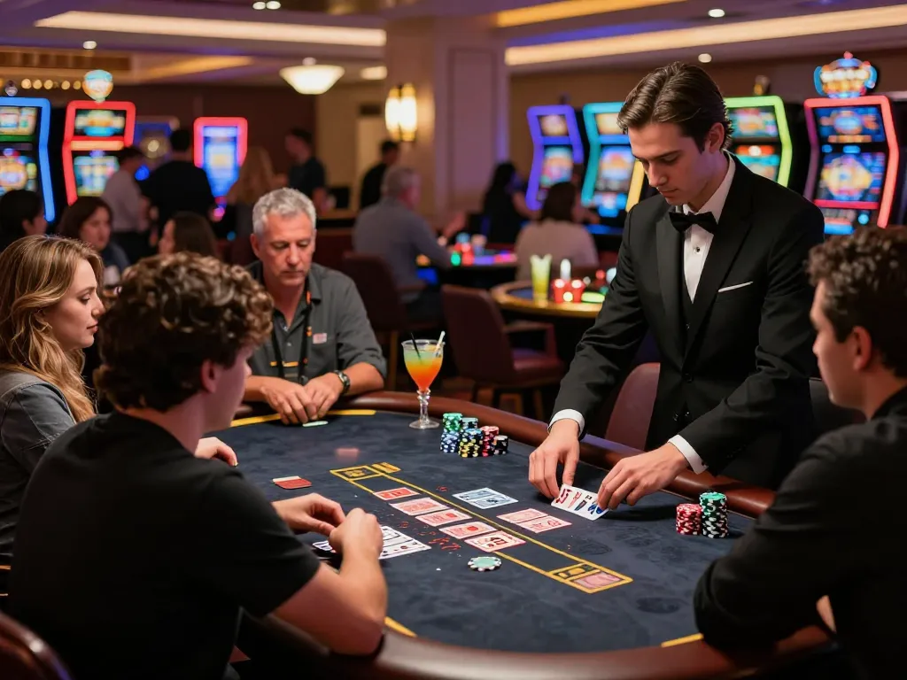 Players strategizing at a hitclub blackjack table in a vibrant casino atmosphere.