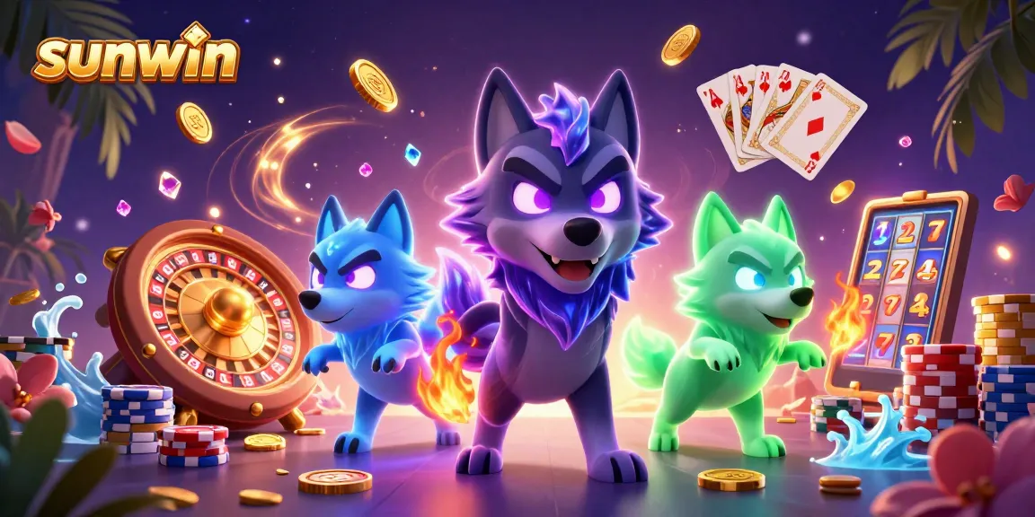 Win big with sunwin in this vibrant casino scene featuring playful wolves and glittering game elements.