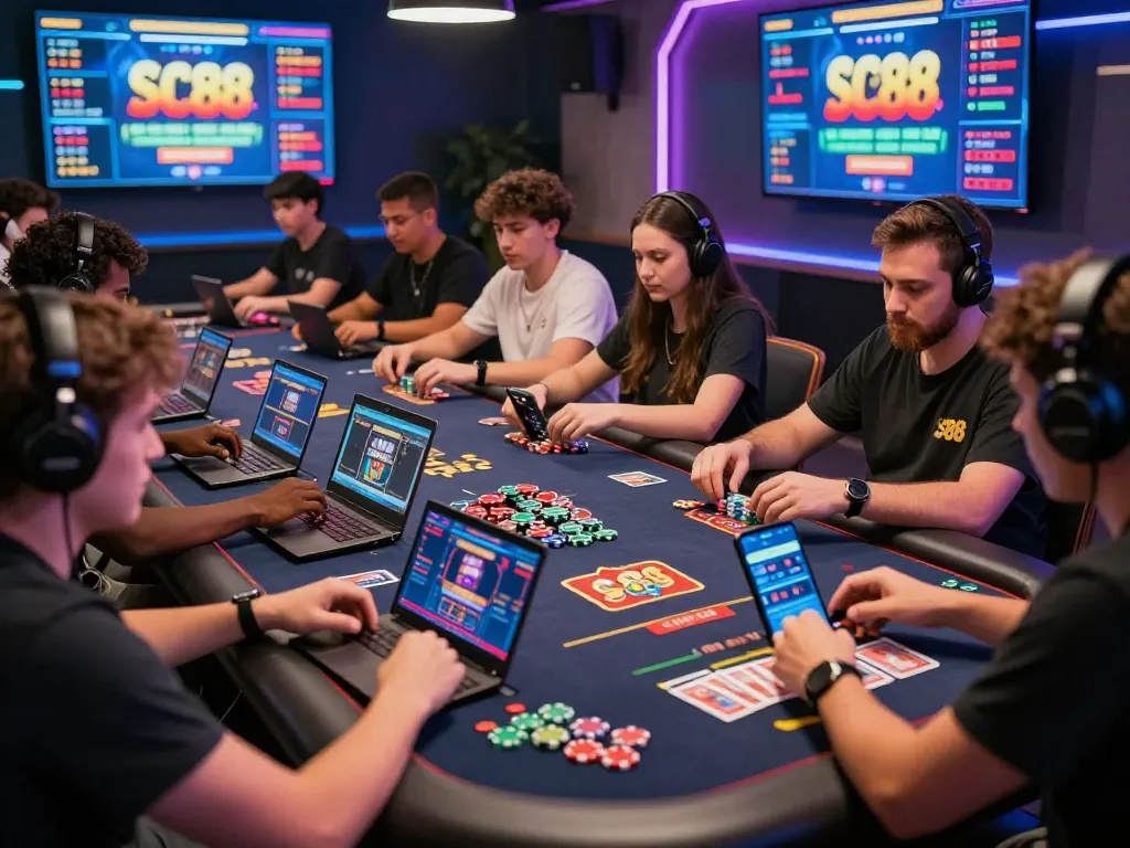 Engaging online gaming experience at SC88.com with players enjoying casino games in a modern setting.