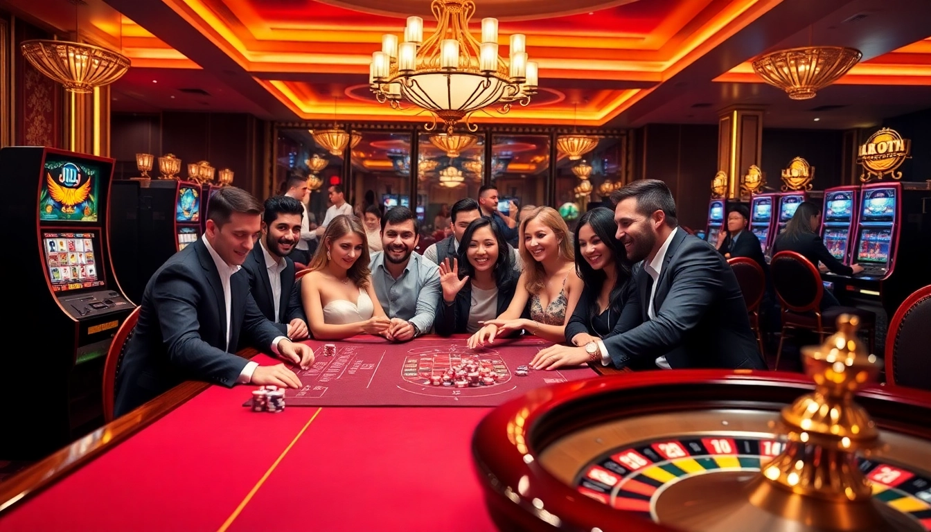 Exciting casino scene featuring diverse gamblers engaged in poker at a stylish table, emphasizing jl 55.