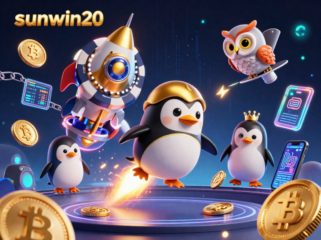 Experience sunwin20 with a golden penguin blasting towards a vibrant casino space station.