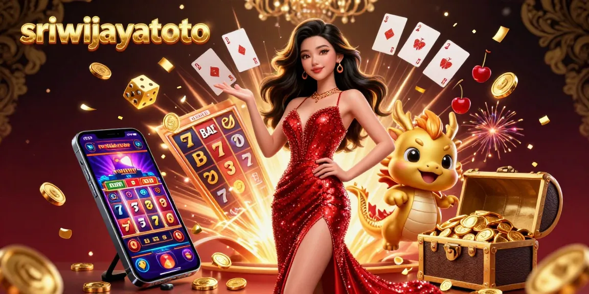 Sriwijayatoto showcases an enchanting casino scene with a captivating woman and festive gaming elements.
