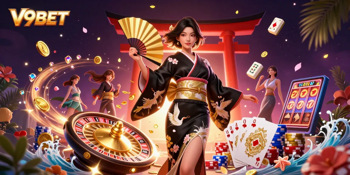 V9BET players engage in thrilling casino action with a beautifully designed 3D illustration showcasing live games and vibrant decorations.