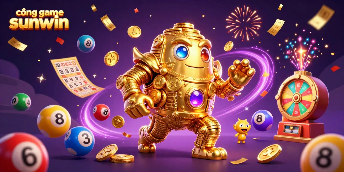 Experience the excitement of cổng game sunwin with a vibrant illustration showcasing colorful lottery elements and a golden golem.