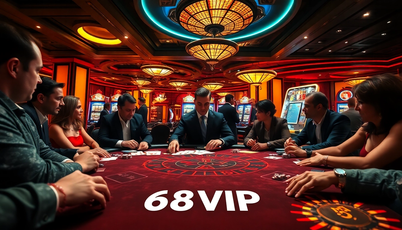 A high-stakes poker game at 68VIP casino, featuring vibrant lighting and intense player engagement.