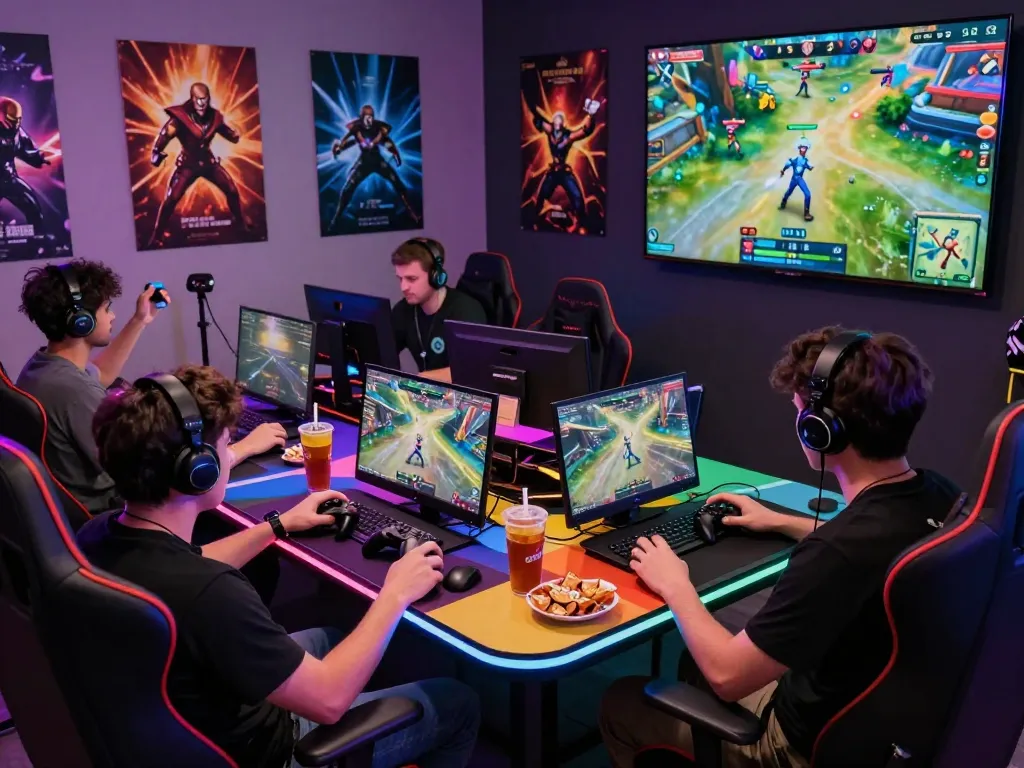 Players enjoying games on go-88.us.com in a vibrant gaming room filled with snacks, LED lights, and action.