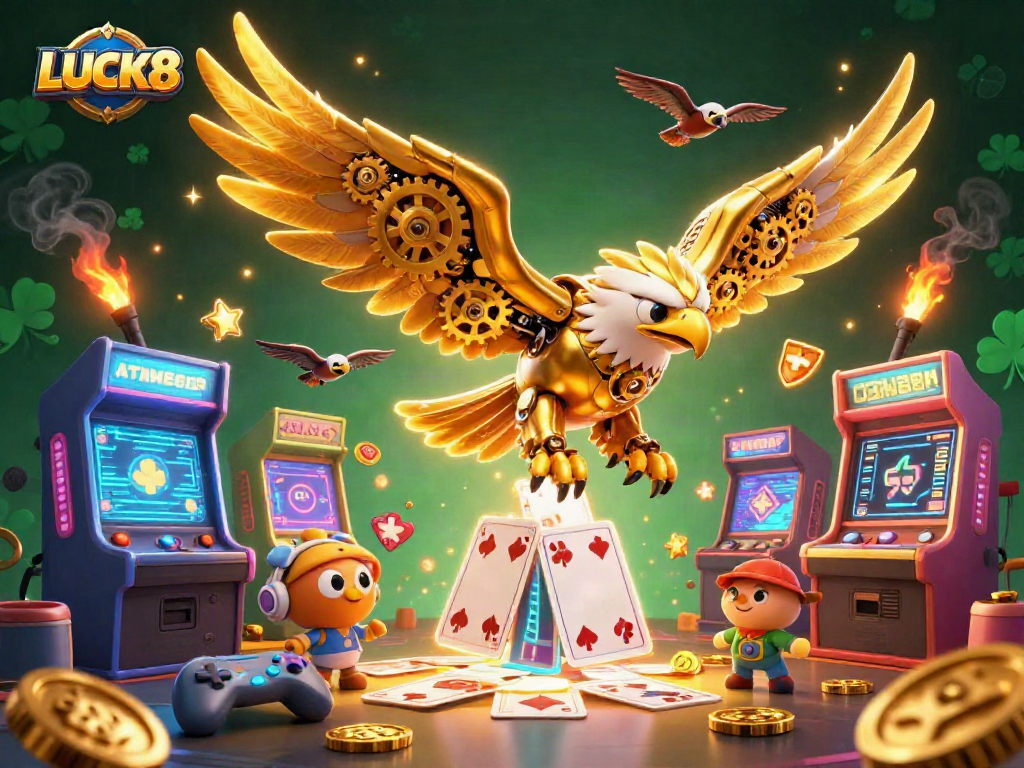 LUCK8 mang đến trải nghiệm chơi game sôi động với đại bàng vàng siêu thực và các máy arcade đầy màu sắc.