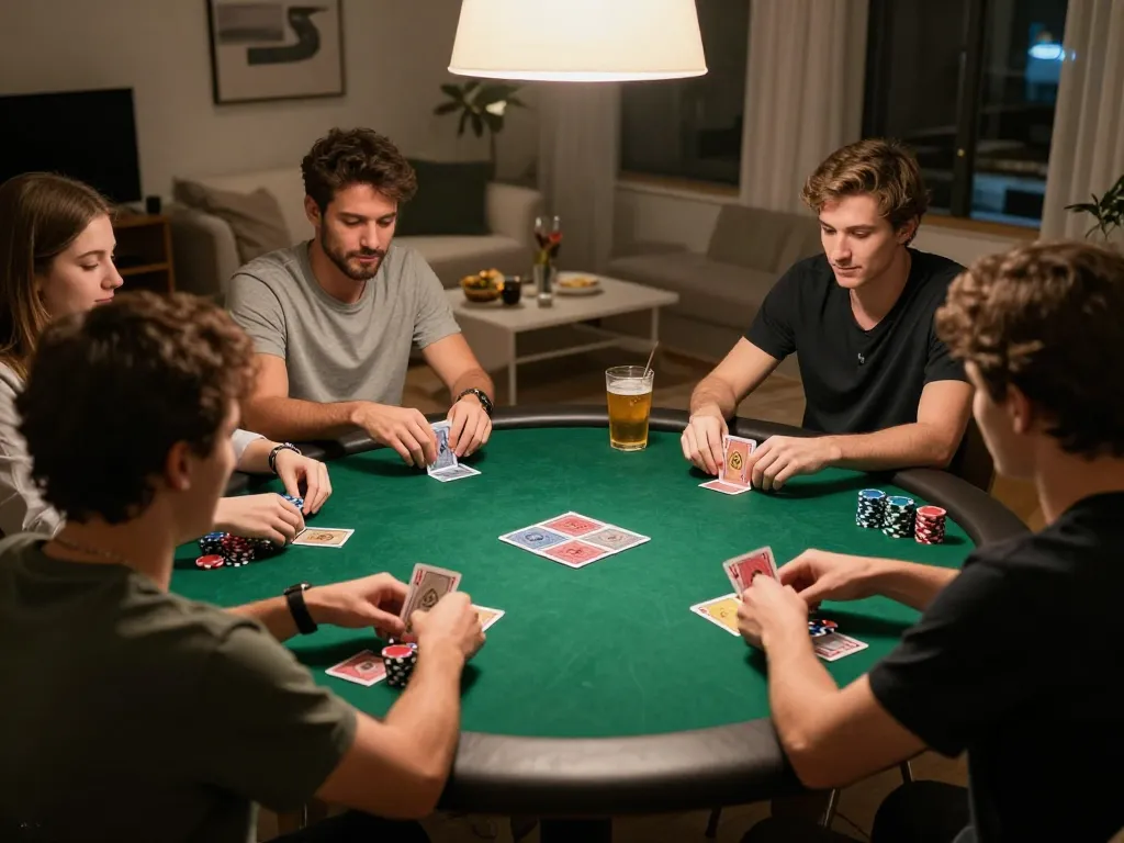 SC88 players enjoying a poker night with cards and chips in a cozy home setting