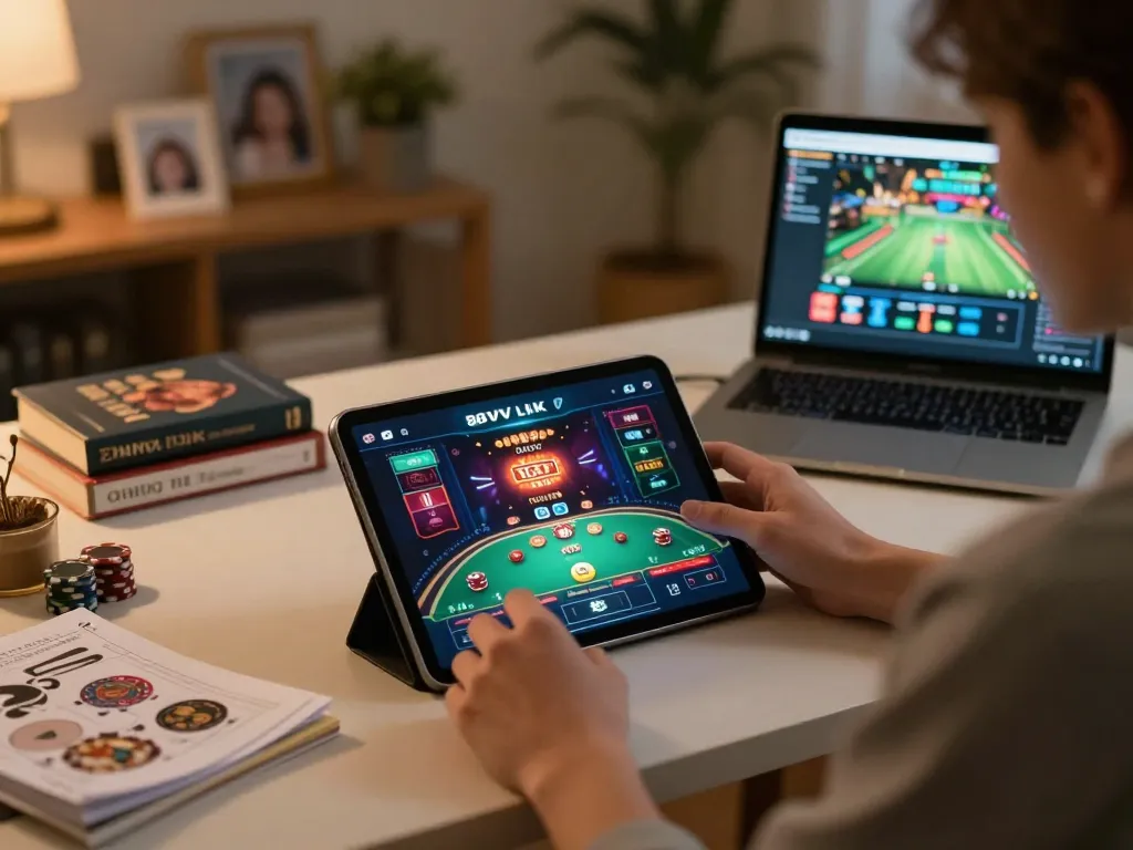 Engaging with 88vv LINK app on tablet during a cozy home gaming session