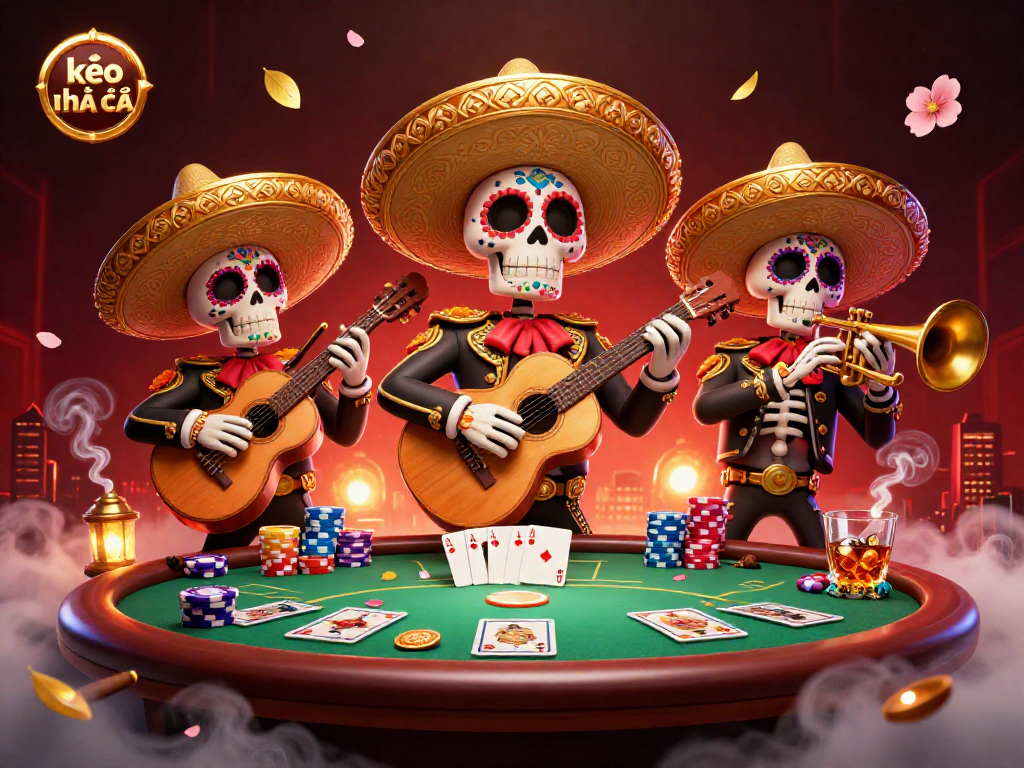 Experience the thrill of kèo nhà cái with vibrant illustrations of a mariachi band at a poker table