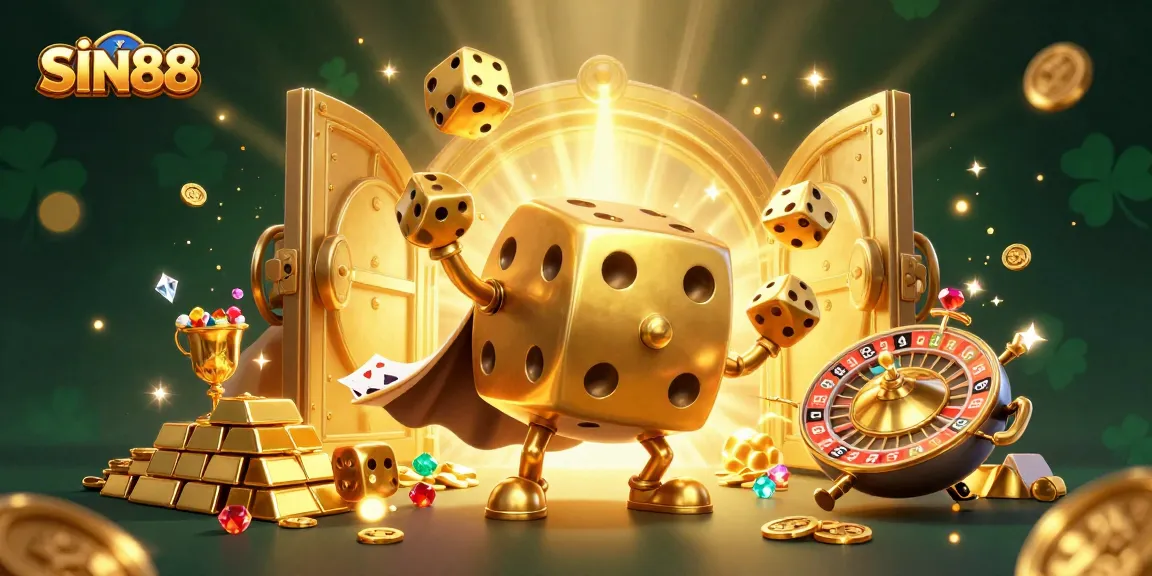 Engage in thrilling gaming action at SIN88 with a vibrant, dynamic casino scene full of treasures.