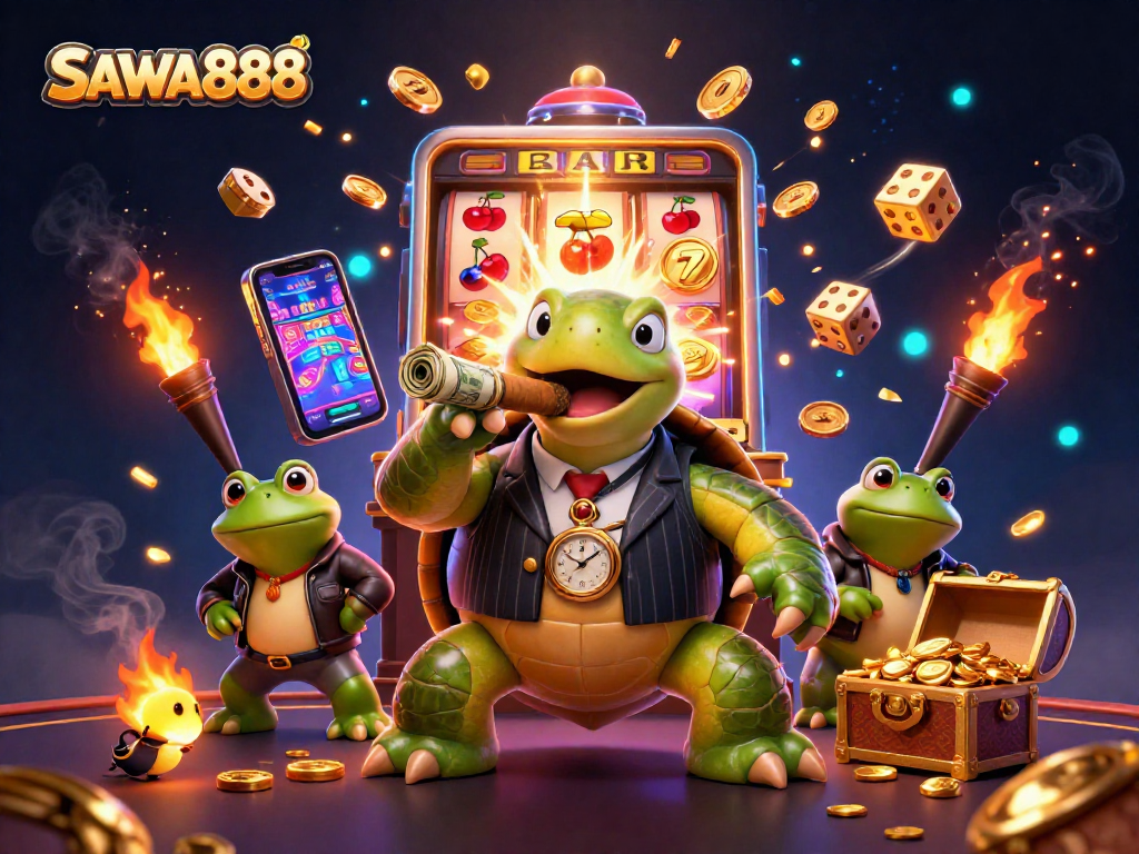 Experience SAWA888's exhilarating slot games with unique characters amidst a vibrant casino atmosphere.
