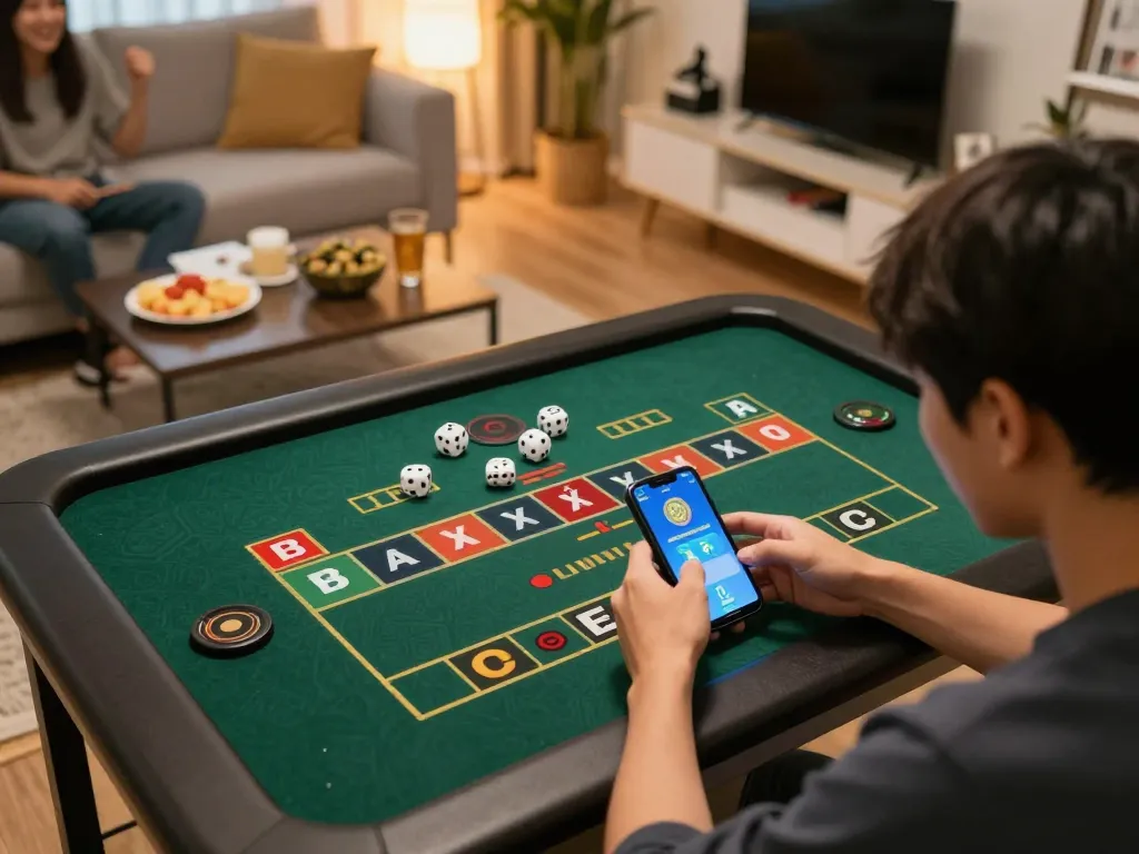 Engaging gameplay on app tài xỉu online uy tín showcased with dice results and player excitement in a cozy home setting.