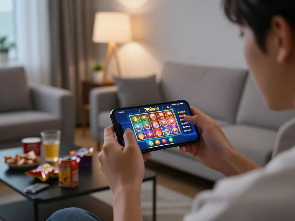 Engaging mobile gaming experience with đăng nhập 789win on smartphone in cozy living room