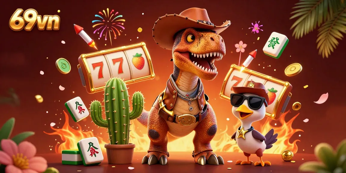Engage with the colorful slot games at 69vn featuring a cartoon dinosaur, lucky symbols, and vibrant elements!