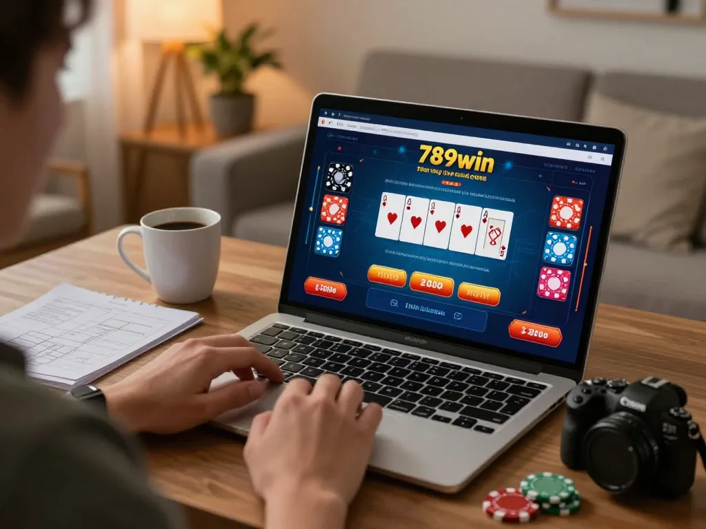 Playing online poker at home with 789win, featuring a detailed game interface and strategy notes.