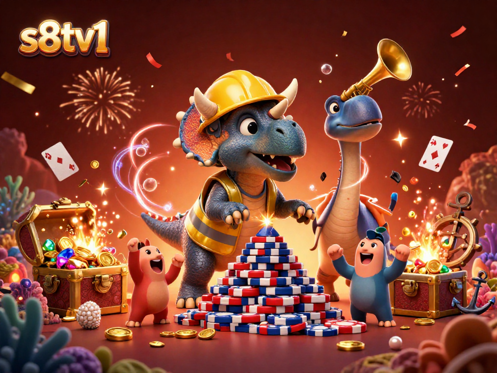 S8tv1 illustrates a lively casino scene with characters building poker chip pyramids amid gold coins and gems.