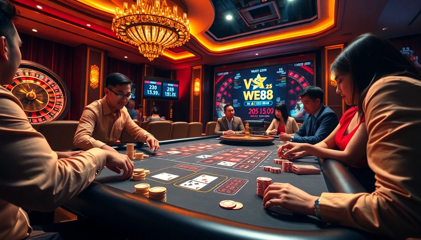WE88 Casino excitement captured through gamers enjoying poker with vibrant chips and a stunning dealer.
