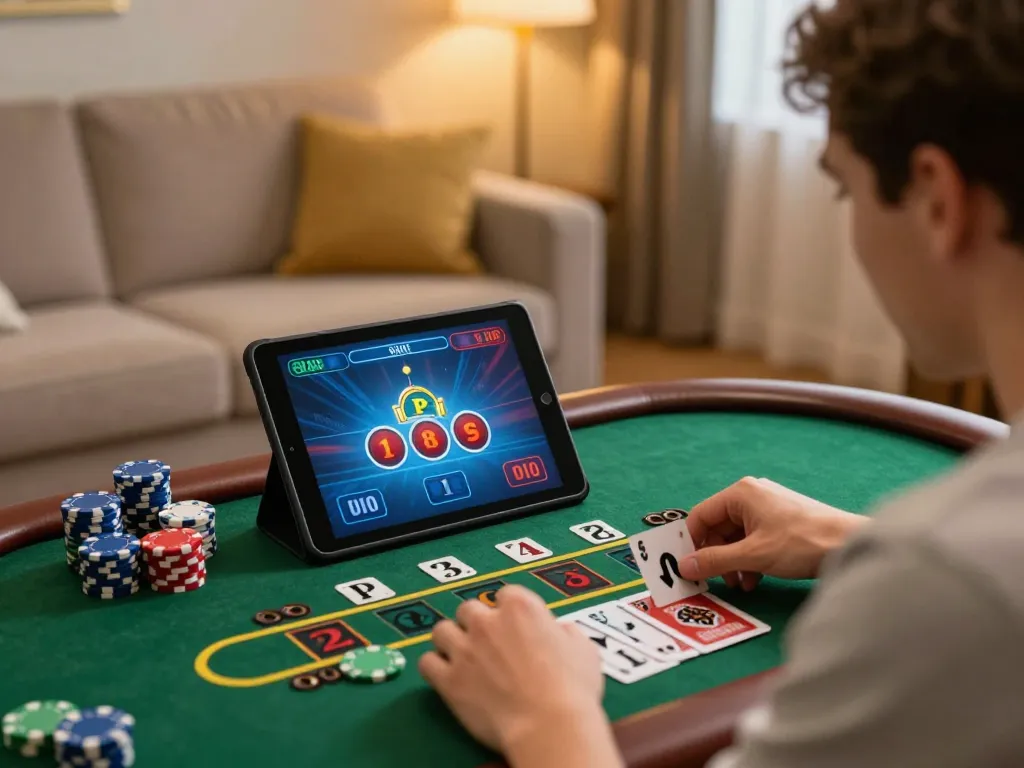 Player enjoying live dealer baccarat on tablet at home, demonstrating alo8's online gaming experience.